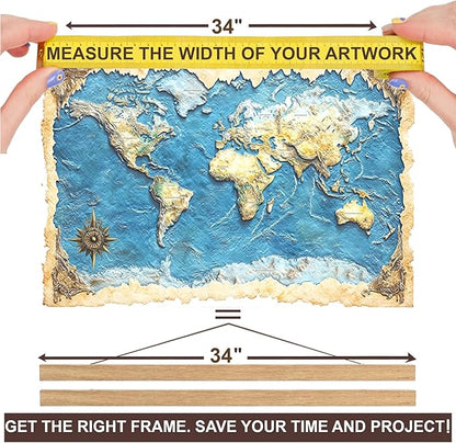 DACRI HOME 34 Inch Magnetic Poster Hanger Frame -Sturdy Teak Wood Poster Frame, Strong Magnets for Quick Hanging Maps, Posters, Picture, Print, Scroll Wall Art 34x22 34x23 34x24 (34", Natural Wood)