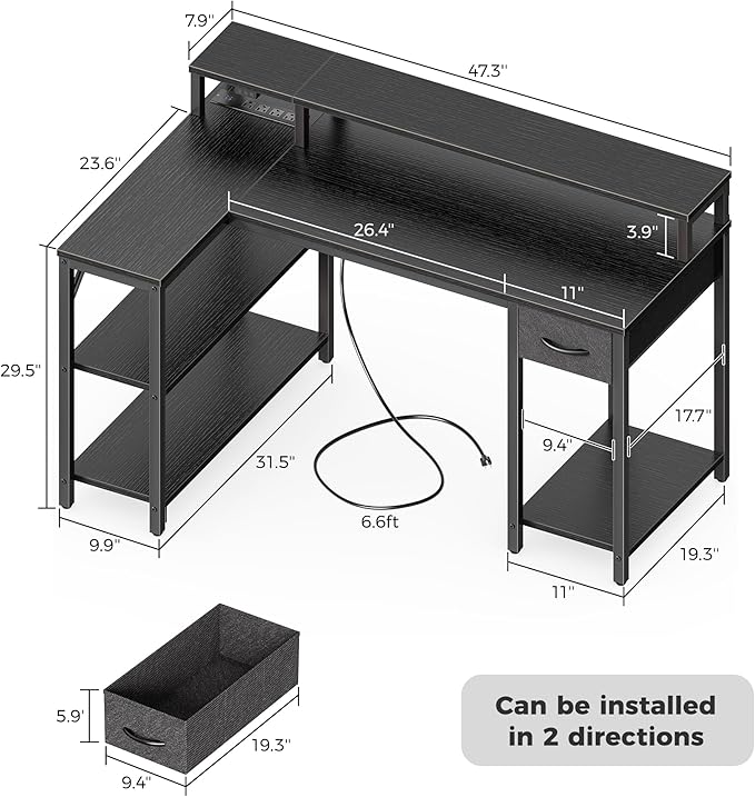 SUPERJARE Reversible L Shaped Gaming Desk with Drawer, LED Lights & Power Outlets, Corner Computer Desk with Shelves & Monitor Stand for Home, Office, Black, 47 inches