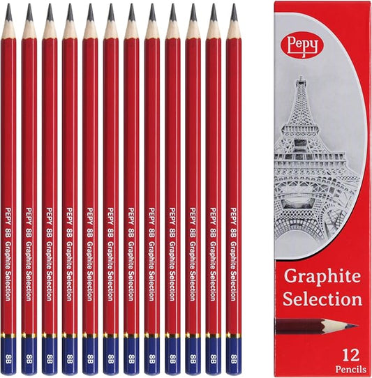 Pepy Graphite Professional Drawing Pencils - Set of 12 8B Pre-Sharpened Black Lead Pencils; Perfect for Drawing, Sketching and Shading, Graphic and Fine Art