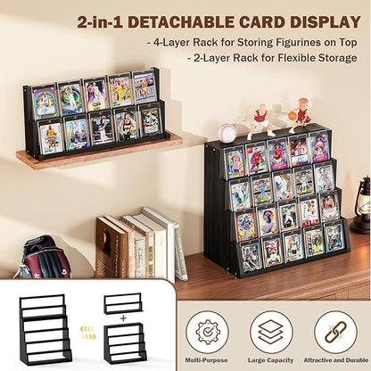 Emfogo Card Display Stand, 6-Tier Trading Card Display, Wood Detachable Graded Card Display with Top Storage, High Capacity Trading Card Display Stand for Collection & Show (Black)