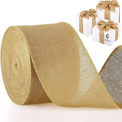 Chuangdi 20 Yard 6 Inches Burlap Ribbon Wide Jute Ribbon Natural Burlap Fabric Roll Wired Edge for Wreaths, Christmas Tree Decoration, Big Bow Crafts, Gift Wrapping, Wedding