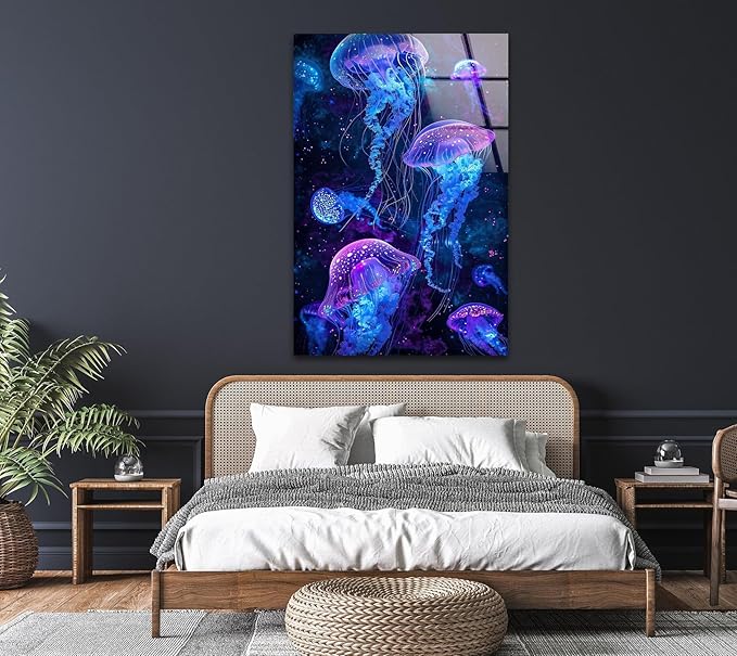 My Photostation.com 32Wx48H'' Glowing Jellyfish Glass Wall Art Tempered Glass Printing Wall Decor Large Wall Art Wall Hangings
