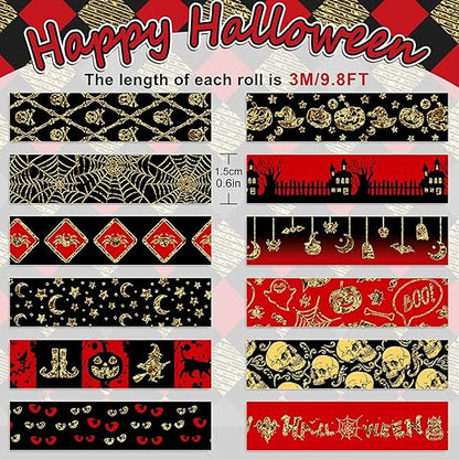 Whaline 12 Rolls Halloween Washi Tapes Red Black Foil Gold Decorative Tapes Skull Spider Web Pumpkin Pattern Masking Tapes for Halloween Scary Scrapbook Journal DIY Craft Gift Wrapping, 9.8Ft