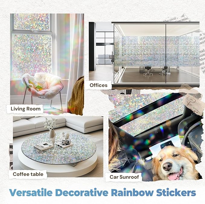 DOWELL Window Privacy Film Rainbow Film, Stained Glass Decorative Sticker, Static Cling Non-Adhesive Glass Clings, Sun Blocking Heat Control Window Coverings for Home Door, 35.4" x 157.4"