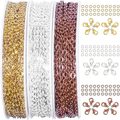 Jishi 30ft Jewelry Making Chains Bulk 2mm Necklace Chains for Jewelry Making Supplies, DIY Craft Earring Bracelet Making Findings, 3-Colors Gold Silver Copper Plated Metal Rolo Cable Link Chain Rolls