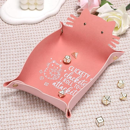 Cat Dice Tray Pinkk for Rolling Funny Folding Leather Dice Tray Portable Travelling Dice Storage Accessories Decorative Desk Organizer for RPG, DND Game Players
