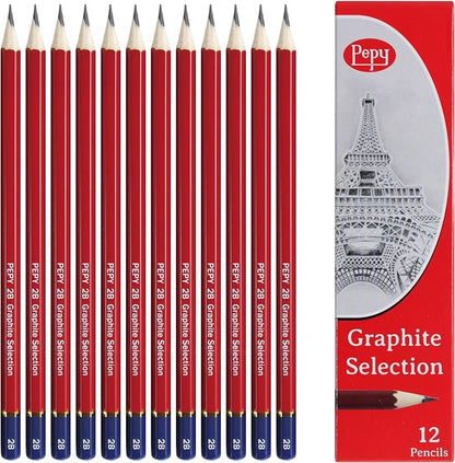 Pepy Graphite Professional Drawing Pencils - Set of 12 2B Pre-Sharpened Black Lead Pencils; Perfect for Drawing, Sketching and Shading, Graphic and Fine Art