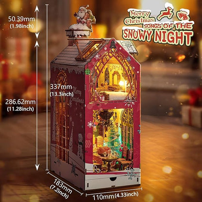 Book Nook Kit, DIY Miniature House Kit Book Nook, 3D Wooden Puzzle Bookshelf Insert Bookends DIY Model Building Kits for Adults Teens Creative (Songs of The Snowy Night)