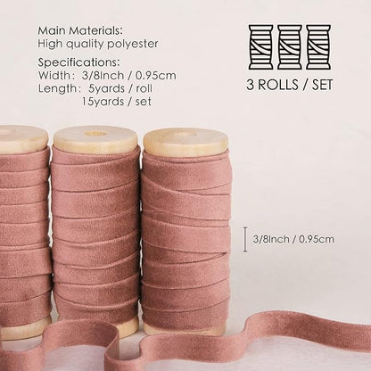 Vitalizart Rose Gold Velvet Ribbon Set 3/8"" x 15 Yd Wooden Spool Fabric Trim 3 Rolls * 5 Yd for Christmas Wreath Decoration Handmade Craft Ornaments Gift Wrapping & Bow Making