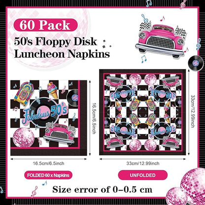 60 Pcs 50s Cocktail Paper Napkins 6.5 x 6.5 Inches Disposable Paper Napkins Dessert Beverage Napkin for Decoupage Luncheon Napkin for Party Wedding Birthday Party
