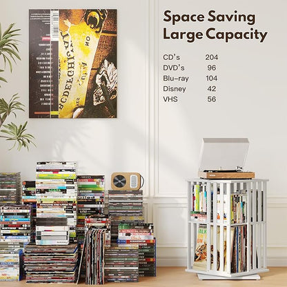 XIMN 360° Rotating Bamboo CD/DVD Shelf - 6-Tier Space-Saving Media Storage Cabinet for Movies, Organizer with Super Compact Design (White, 2 Tier)