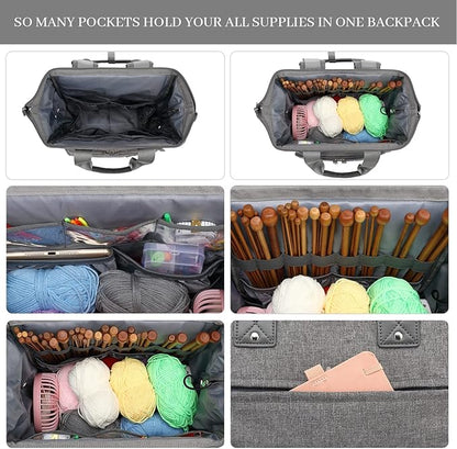 Knitting Bag Backpack Yarn Storage Organizer Travel Bag with USB Charging Port, Large Tote Bag Holder Case for Knitting Needles, Crochet Hooks, Accessories, Grey