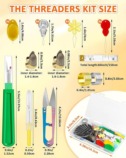 FIVEIZERO Needle Threaders Kit, 24 PCS Needle Threader for Hand Sewing, Needles Threader for Swing & Embroidery Floss with Embroidery Needles, Seam Ripper, Thread Snips, Thimble and Measuring Tape