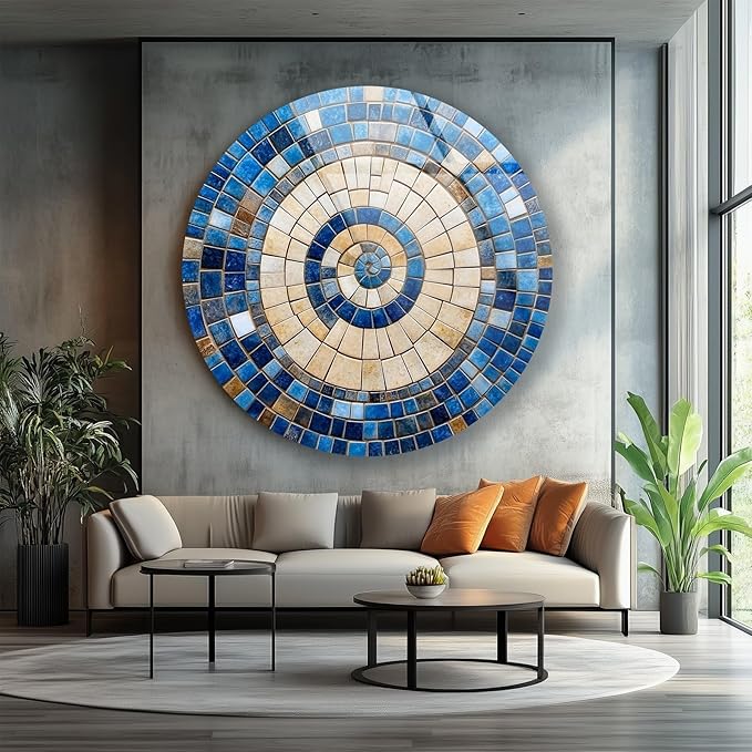 My Photostation.com 39,4''(100cm) Diameter Coastal Sunburst Beige & Blue Round Glass Wall Art Tempered Glass Printing Wall Decor Large Wall Art Wall Hangings