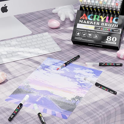 80 Colors Acrylic Marker With Brush Tip Automatic Ink Control, Water Based Ink Paint Markers For Rock Painting, Canvas, Wood, Ceramic, Glass, Stone, Fabric, DIY Crafts Textile & Art Supplies