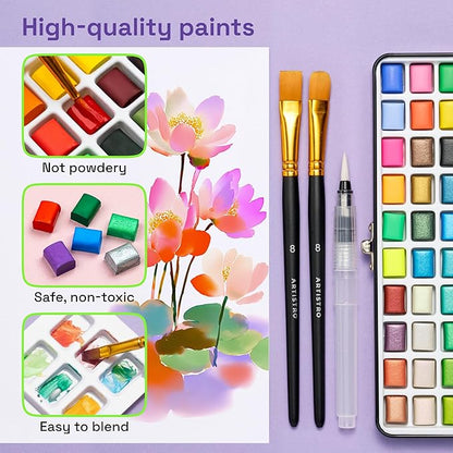 ARTISTRO 100 Watercolor Paint Set, Vivid Colors in Portable Box, Palette set. Perfect Travel Watercolor Set for Artists, Amateur Hobbyists and Painting