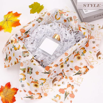 Azurestore 60 Sheets Fall Tissue Paper, Orange Gnomes Patterns Gift Tissue Paper for Gift Bags & Gifts Wrapping, Pumpkin Leaves Print Art Packaging for Autumn Harvest Thanksgiving Party Decor Craft