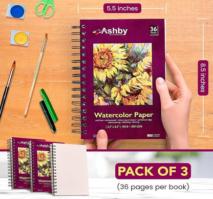 Ashby - Watercolor Paper Pads (5.5" x 8.5") - Pack of 3 (108 Total Sheets) - 140lb (300 GSM) Spiral Bound Notebook, Acid-Free, Cold Press - Ideal for Most Wet & Dry Media, Journaling and Drawing