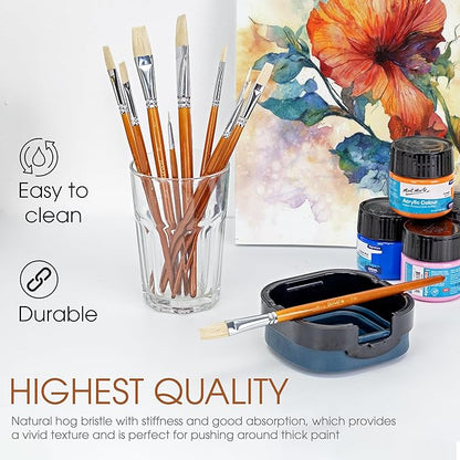 DUGATO 10pc Flat Hog Bristle Paint Brush Set - Short Handle Artist Brushes for Acrylic, Oil, Gouache, Watercolor - Canvas, Fabric & Craft Painting