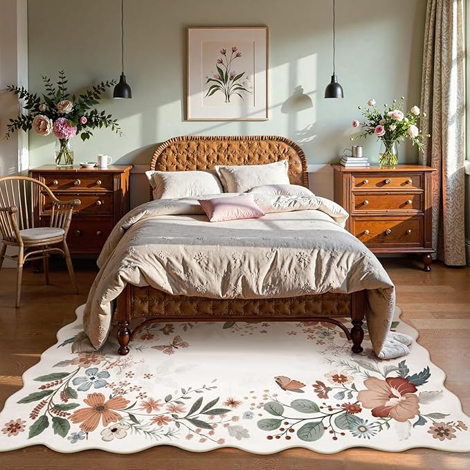 Beeiva 5 x 7 Area Rugs - Scalloped Floral Printed Beige Playroom Rug for Dorm Non Slip Washable Neutral Area Rug Soft Ultra-Thin Aesthetic Throw Carpet for Kids Room Nursery Living Room(Beige,5x7ft)