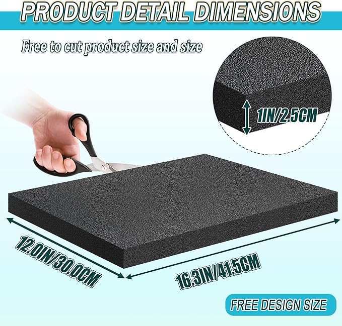 2 PCS Black Foam Padding- 16x12x1 Inch Polyurethane High Density Foam Cuttable Black Sheet Pad Cushioning Inserts for Packing Cases and Crafts