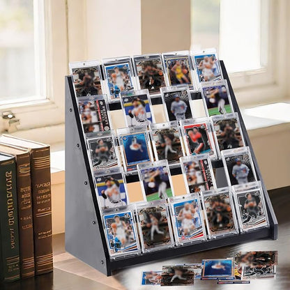 Trading Card Display Stand,5-Tier Bamboo Baseball Card Display Case, 35 pt Sports Card Display for Card Game Collection (Black)
