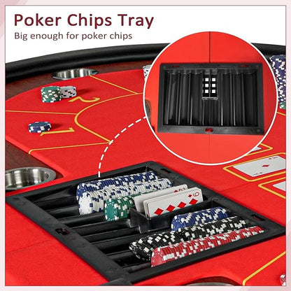 Upgrade 84" Folding Poker Table, 10 Players Oval Card Table with Stainless Steel Cup Holders & Padded Rails, Casino Leisure Felt Surface Texas Hold 'em Poker Table, Red