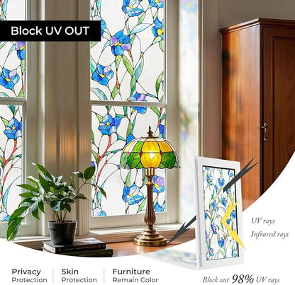 3D Stained Glass Window Film, Decorative Window Privacy Film for Bathroom,Front Door,Home, Sun Blocking Heat Control,Static Cling, Blue Eustoma 23.6inch x 35.4inch