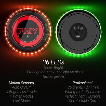 TOSY Flying Disc - 16 Million Colors RGB or 36 LEDs, Extremely Bright, Smart Modes, Camping Essentials for Teens/Kids/Adults/Men/Boys/Girls, Auto Light Up, Rechargeable, Waterproof, 175g