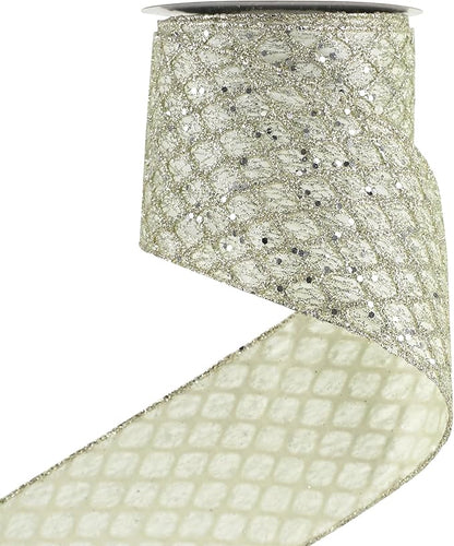 HUIHUANG Champagne Wired Ribbon 4 inch Glitter Christmas Tree Ribbon Diamond Mesh Wire Ribbon for X-mas Tree Decorations, Wreaths, Garland, Large Bows Making, Wedding Decor -10 Yards