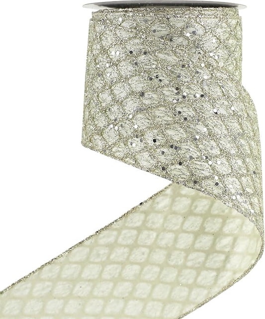 HUIHUANG Champagne Wired Ribbon 4 inch Glitter Christmas Tree Ribbon Diamond Mesh Wire Ribbon for X-mas Tree Decorations, Wreaths, Garland, Large Bows Making, Wedding Decor -10 Yards