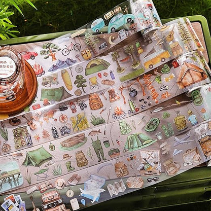 6 Rolls Travel PET Tape Set with Clip, Camping and Adventure-Themed Sticker Tape for Journaling, Scrapbooking, and DIY Crafts