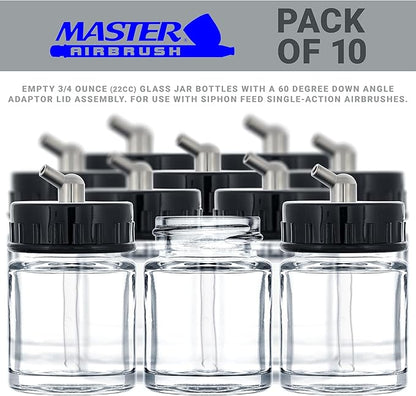 Master Airbrush (Pack of 10) TB-003 Empty 3/4 Ounce (22cc) Glass Jar Bottles with 60° Down Angle Adaptor Lid Assembly - Fits Single-Action Siphon Feed Airbrushes, Use with Master Badger Paasche, Iwata