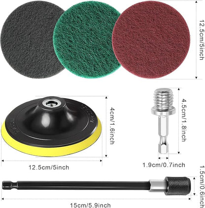 Power Scrub Pads Drill Attachment, GOH DODD 15 Pieces 5 Inch Headlight Restoration Kit Cleaning Kit Scouring Pads with Baker and Universal Shaft for Kitchen, Bathroom, Grout, Carpet, Tub, Grill, Tile