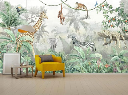 Kids Wallpaper Tropical Leves and Safari Animals Wall Mural for Wall Bedroom Living Room TV Background Sofa Wall（Not Peel and Stick）