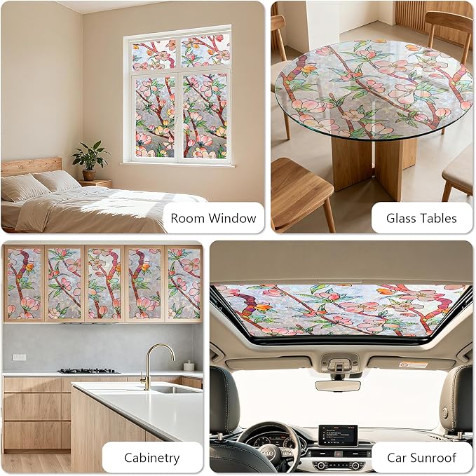 NINETREX Window Privacy Film,3D Stained Glass Window Film,Rainbow Static Cling Stickers Blocks Heat & UV,Non-Adhesive Vinyl for Home Door (Peach Blossom,17.5 x 78.7inch)