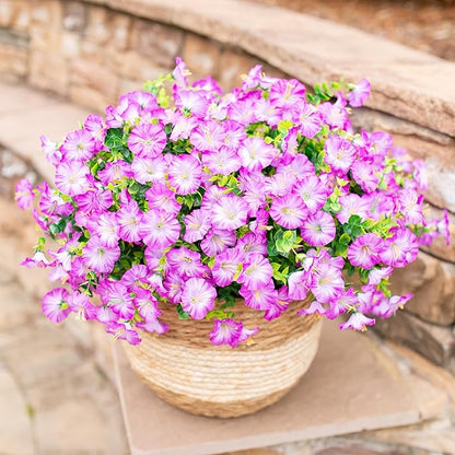 Artificial Flowers Fake Plants for Outdoors Decoration, 12 Bundles Purple Silk Morning Glory with Eucalyptus Realistic UV Resistant Faux Flowers Greenery for Outside Planter Yard Garden Home Indoor