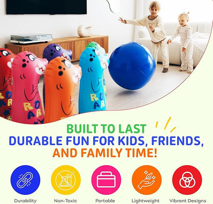 Inflatable Dinosaur Bowling Set for Kids – 6 Giant 26” Pins & 24” Ball – Fun Indoor/Outdoor Game – Educational Motor Skills Toy – Great Birthday Gift – Teaches Numbers, Letters & Shapes