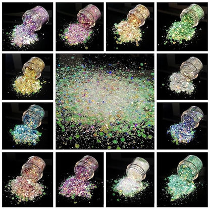 Allstarry 12 Colors Chunky Glitter Holographic Craft Glitter Cosmetic Nail Art Sequins Mixed Fine Glitter Flakes for Nails Art Decoration Hair Eyes Face Body, Resin Tumblers, Epoxy, Slime