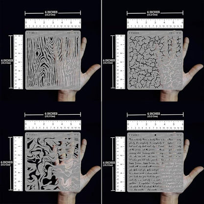 CrafTreat Reusable Pattern Stencils for Painting on Wood, Canvas, Paper, Fabric, Floor, Wall and Tile - Woodgrain, Crackle, Marble and Script - 4 Pcs - 6x6 Inches Each - DIY Art and Craft Stencils
