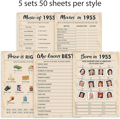 QUPT 70th Birthday Party Games, Set of 5 Activities for 10 Guests, Born in 1955 Games Bundle, Birthday Party Supplies for Adults, Pack of 50 Cards