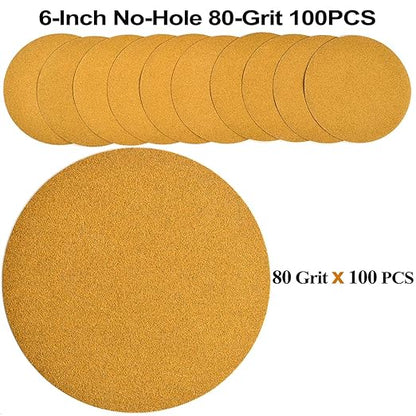 6-Inch No-Hole Hook and Loop Sanding Discs 80-Grit, Random Orbital Sandpaper for Automotive and Woodworking, 100-Pack