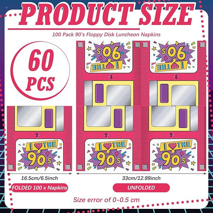 60 Pcs 90s Cocktail Paper Napkins 6.5 x 6.5 Inches Disposable Paper Napkins Dessert Beverage Napkin for Decoupage Luncheon Napkin for Party Wedding Birthday Party