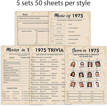 QUPT 50th Birthday Party Games,Set of 5 Activities for 10 Guests, Born in 1975 Games Bundle, Birthday Party Supplies for Adults, Pack of 50 Cards