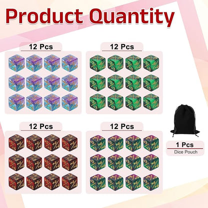 uxcell 48Pcs Magic Dice Counters, Acrylic D6 Life Token Dice Set with Pouch for Standard Cards Gaming Accessories, Red & Black, Green & Black, Green & Purple, Blue & Purple