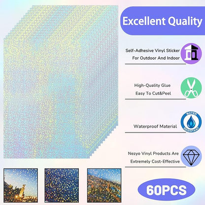 60 Sheets Holographic Laminate Sheets Clear Glitter A4 Size Vinyl Sticker Paper Holographic Overlay Self Adhesive Waterproof Transparent Film, 11.7 x 8.3 Inch (Little Dot)