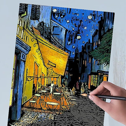 Scratch Art Painting 4 Pcs Vincent Van Gogh Scratch Rainbow Paper Set for Adults and Kids, DIY Sketch Card Engraving Craft Night View Scratchboard with 4 Tools - Cafe Terrace, Sunflowers, Starry Night