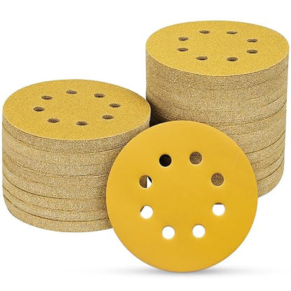 100PCS 5 Inch 8 Hole Sanding Discs 600 Grit,Gold Round Hook and Loop Sandpaper for Random Orbital Sander