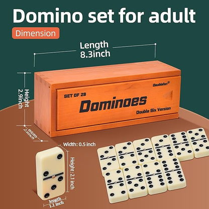 Dominos Set for Adults, Jumbo Size Double 6 Dominoes Set, Classic Board Game for Adults and Elderly, Double Six Thick Size Domino with Spinner 28 Tiles in Exclusive Brown Wooden Box.