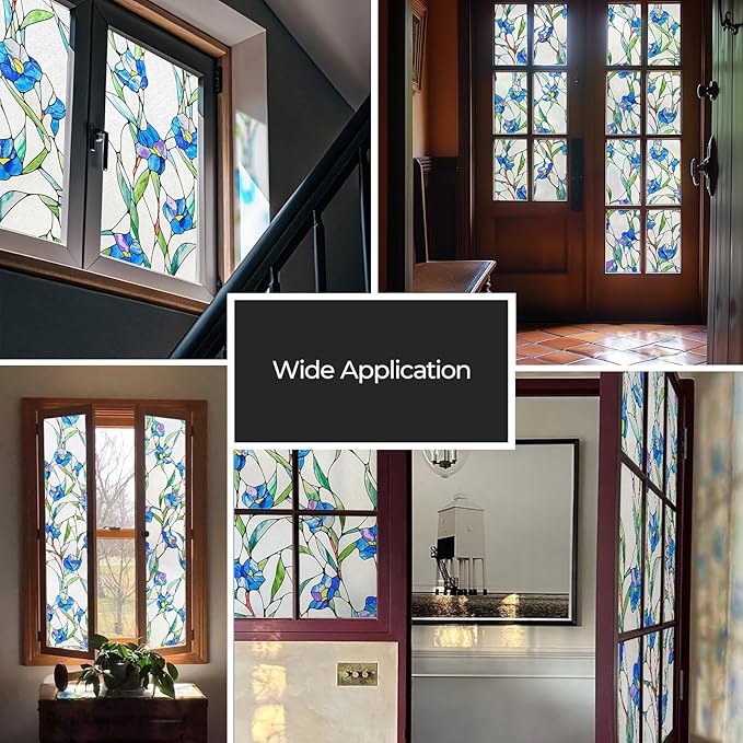 3D Stained Glass Window Film, Decorative Window Privacy Film for Bathroom,Front Door,Home, Sun Blocking Heat Control,Static Cling, Blue Eustoma 23.6inch x 35.4inch